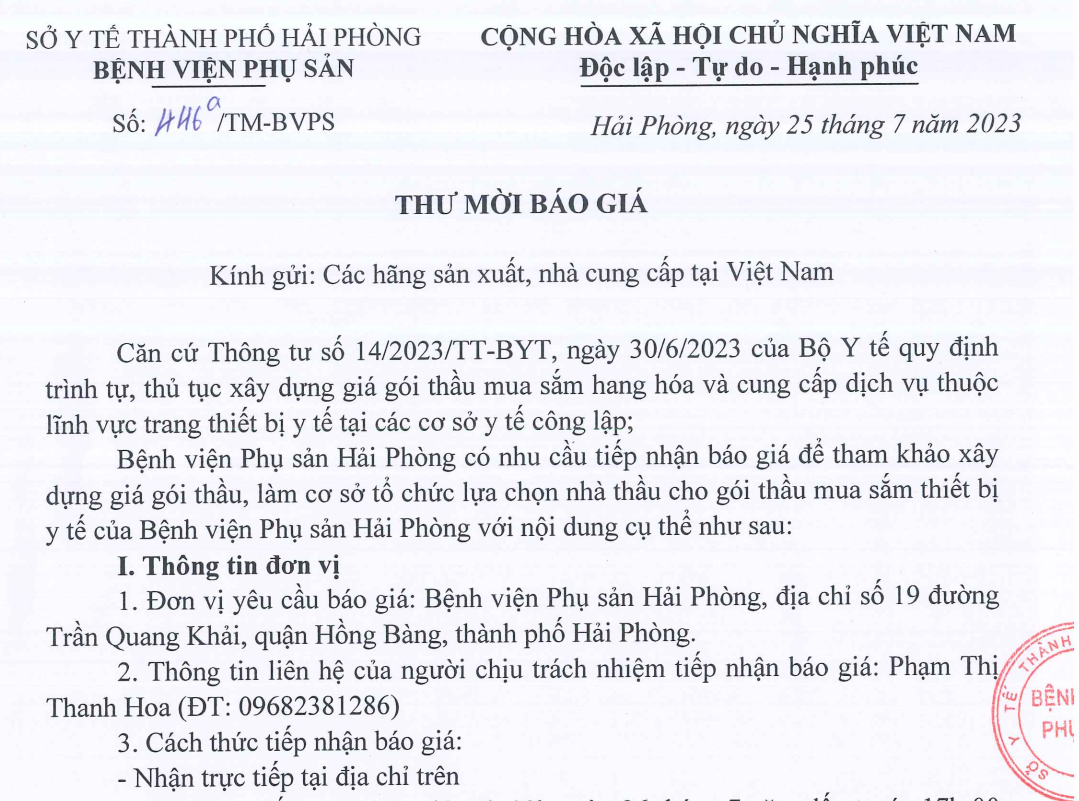 Thư mời báo giá trang thiết bị y tế Bệnh viện Phụ sản Hải Phòng tháng 7/2023Tin tức bệnh viện