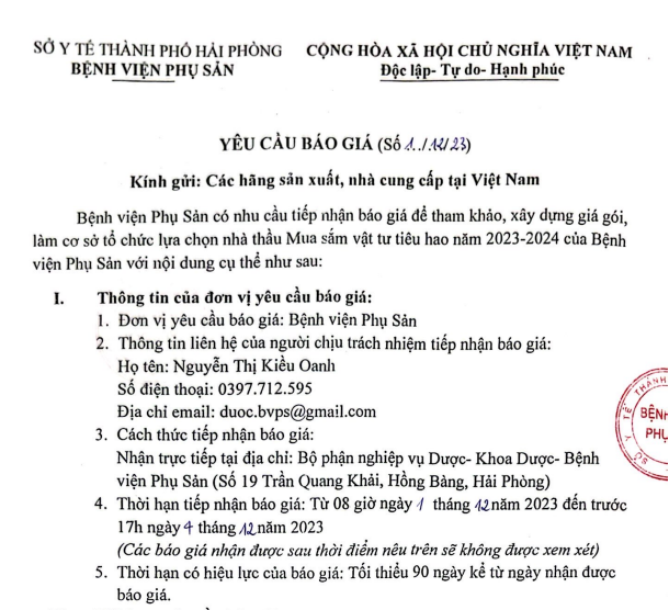 Yêu cầu báo giá (số 01/12/23)Tin tức bệnh viện