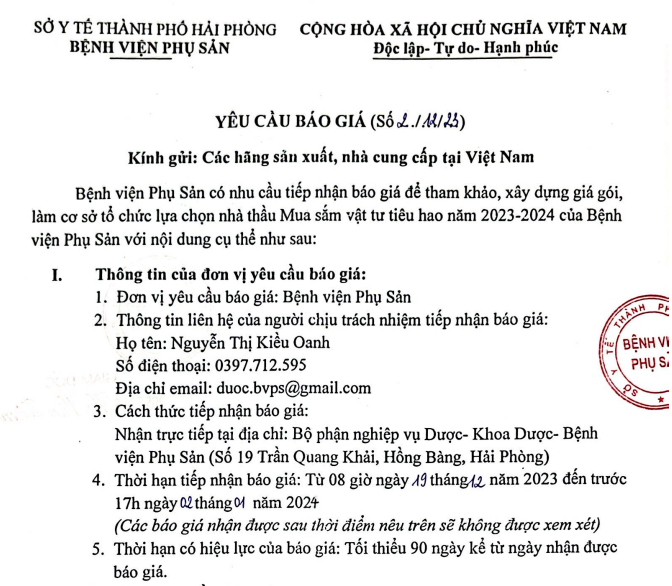 Yêu cầu báo giá (số 02/12/23)Tin tức bệnh viện