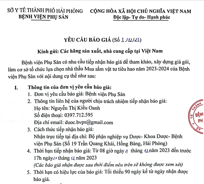 Yêu cầu báo giá (số 03/12/23)Tin tức bệnh viện