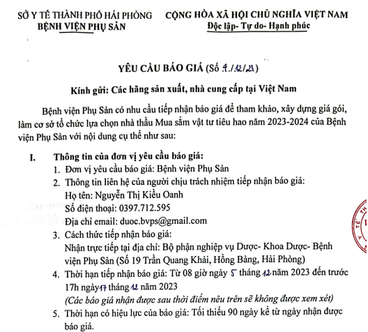 Yêu cầu báo giá (số 4/12/23)Tin tức bệnh viện