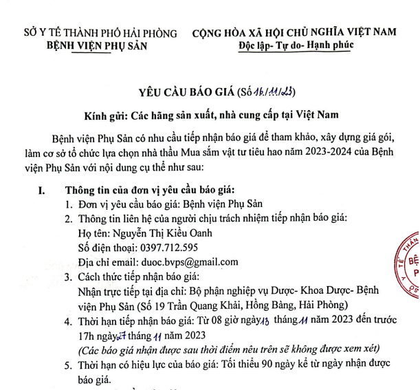 Yêu cầu báo giá (số 16/11/23)Tin tức bệnh viện