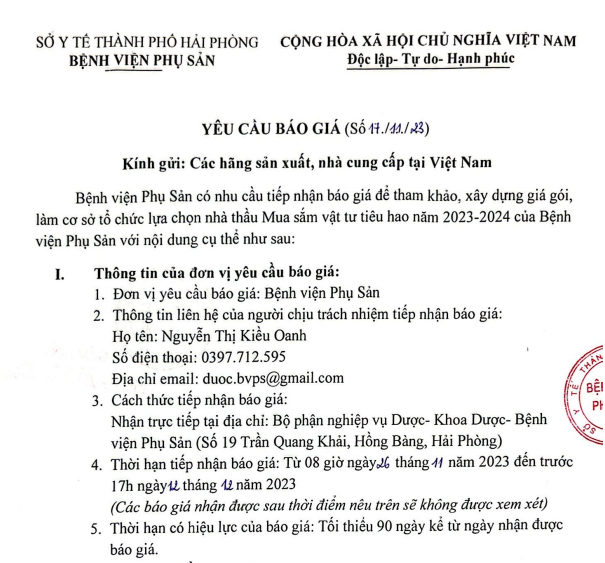 Yêu cầu báo giá (số 17/11/23)Tin tức bệnh viện