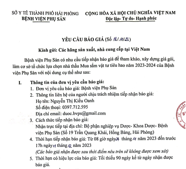 Yêu cầu báo giá (số 18/11/23)Tin tức bệnh viện