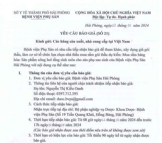 Yêu cầu báo giá (số 21) mua sắm gói thầu dự kiến: Mua sắm hàng hóa sản phẩm xông hơi tầng sinh môn cho sản phụ sau sinhTin tức bệnh viện