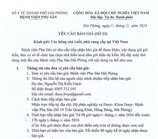Yêu cầu báo giá (số 22) mua sắm gói thầu dự kiến: Bộ dây máy thở dùng một lầnTin tức bệnh viện