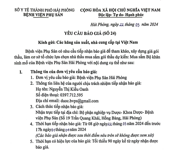 Yêu cầu báo giá (số 24) mua sắm gói thầu dự kiến: Bộ khăn sinh mổTin tức bệnh viện