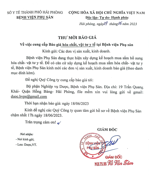 Bệnh viện Phụ sản mời Báo giá cung cấp hóa chất, vật tư y tếTin tức bệnh viện