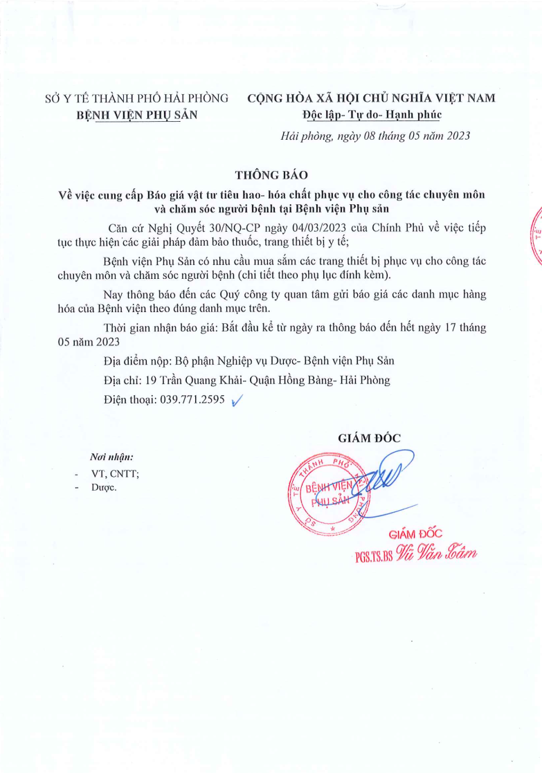 Thông báo về việc cung cấp Báo giá vật tư tiêu hao - hóa chất phục vụ cho công tác chuyên môn và chăm sóc người bệnh tại Bệnh viện Phụ sảnTin tức bệnh viện