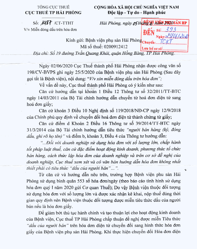 Thông báo về việc "Miễn đóng dấu trên hóa đơn"Tin tức bệnh viện